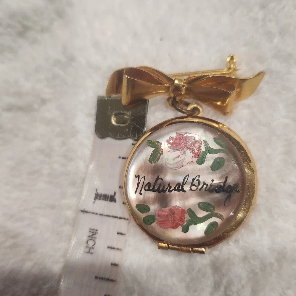Vintage Natural Bridge Virginia Souvenir Locket Brooch Gold Tone Bow Rose Floral
